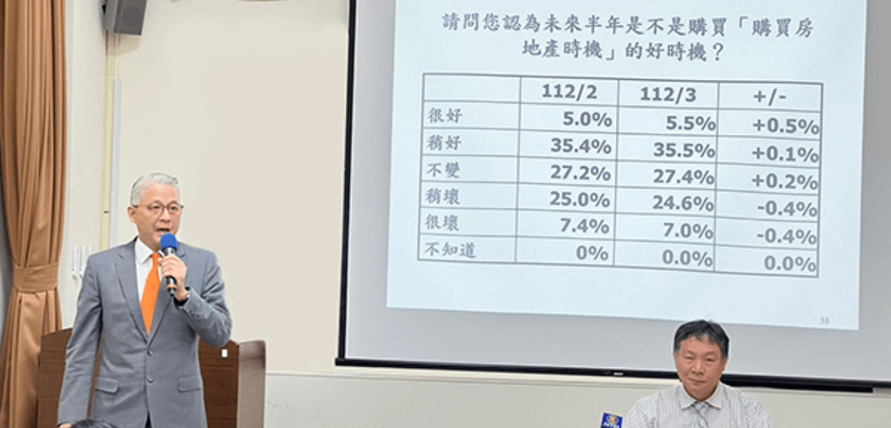 台灣房屋首席副總裁周鶴鳴(左1)，與中央大學台灣經濟發展研究中心發布消費者信心。(圖/台灣房屋提供)