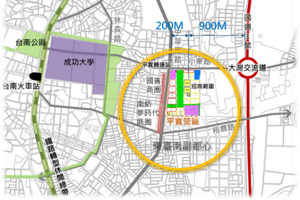台南東區平實段8、9、15、16、18地號招商，該基地位置示意圖。(圖/台南都發局提供)