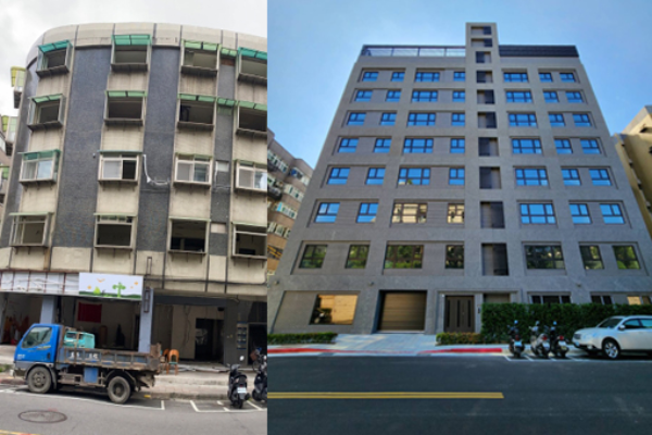 台北市天母商圈一處五層老舊公寓近期順利重建完成，成為八層高取得錄建築的大廈。(圖/台北市建管處提供)